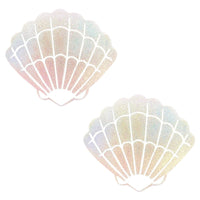 Rainbow shifting holographic finish on holographic mermaid shell nipple pasties, full view of the design