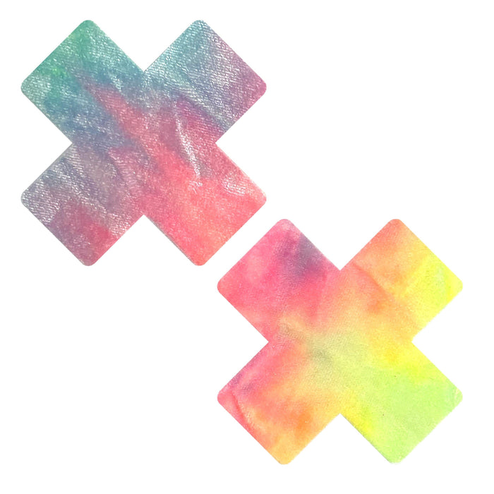 Rainbow tie dye velvet X nipple pasties, showing the color, finish and shape of the design