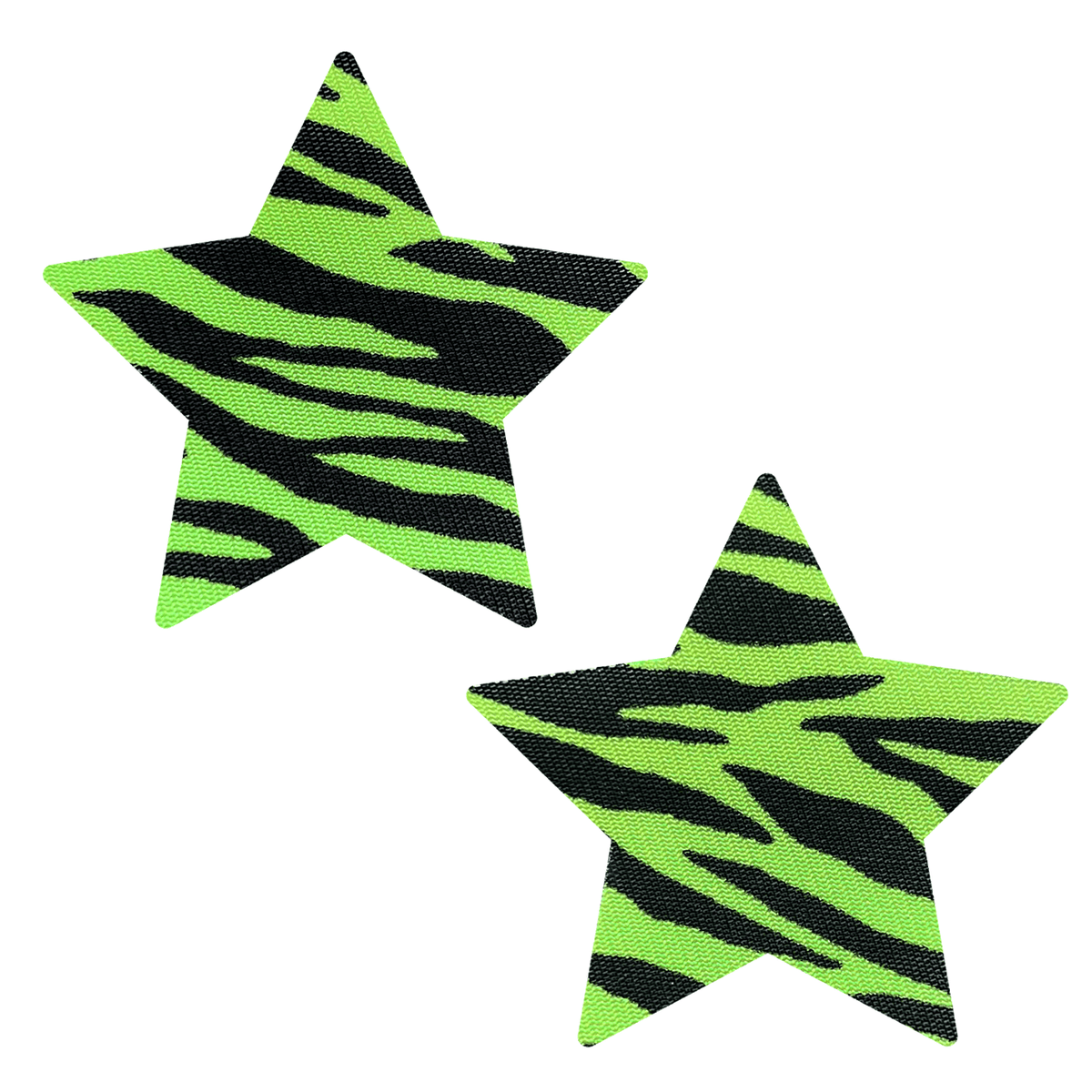 Neon green zebra star nipple pasties in full view with its signature color and shape