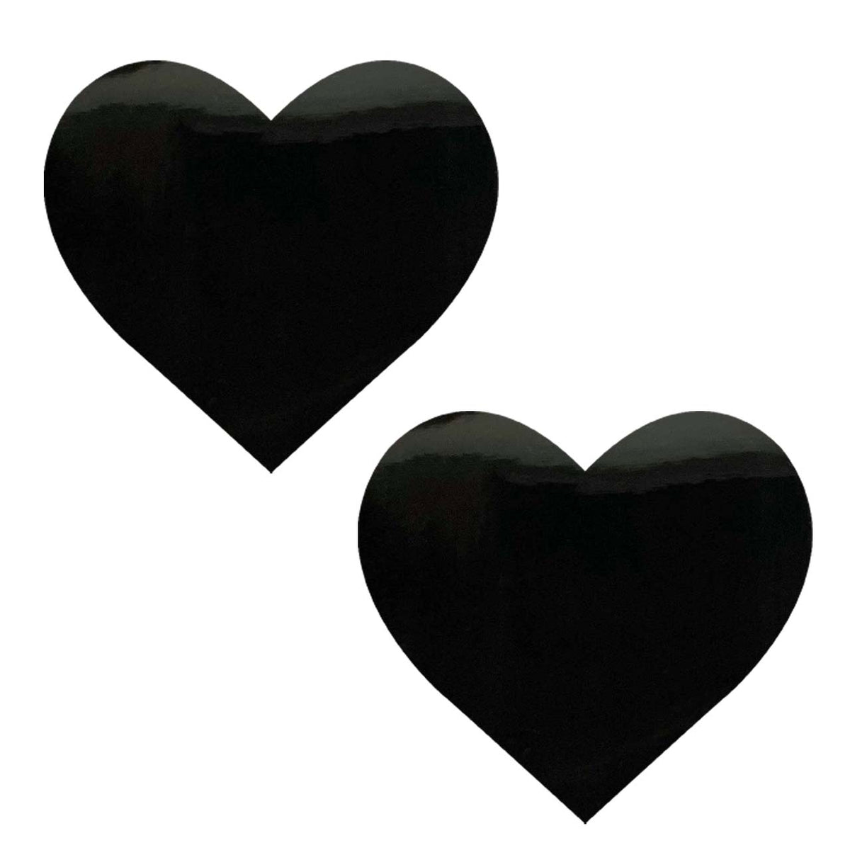 Black wet vinyl heart nipple pasties, showing the color, finish and shape of the design