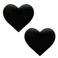 Black wet vinyl heart nipple pasties, showing the color, finish and shape of the design