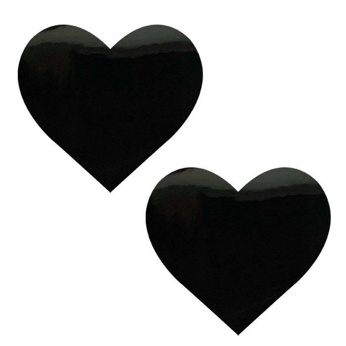 Black wet vinyl heart nipple pasties, showing the color, finish and shape of the design