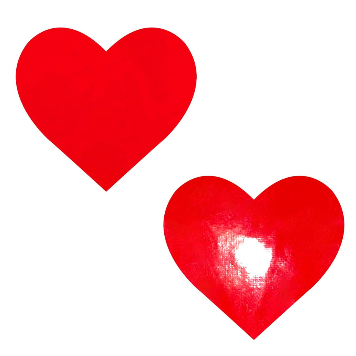 Red wet vinyl heart nipple pasties, showing the color, finish and shape of the design