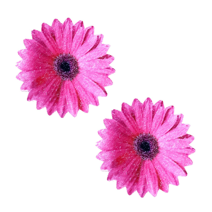 Pink and white daisy flower nipple covers with velvet texture and glitter