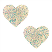 White iridescent glitter heart shaped nipple pasties with a snowy, rainbow sparkle