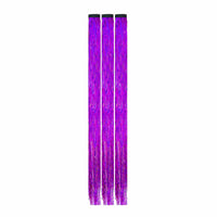View of the lavender sparkle tinsel clip in hair extensions showing the overall design and color