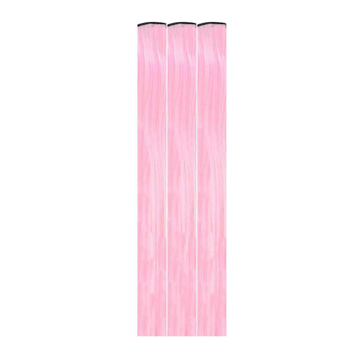 Pastel pink glow in the dark clip in hair extensions in full view with its signature color and shape