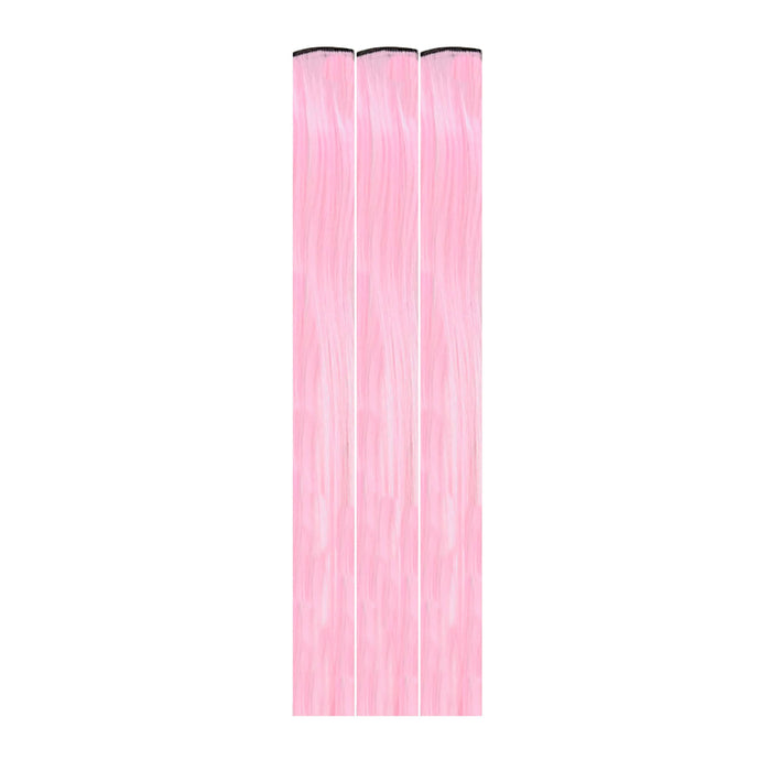 Pastel pink glow in the dark clip in hair extensions in full view with its signature color and shape