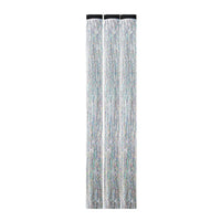 Silver sparkle tinsel clip in hair extensions, showing the color, finish and shape of the design
