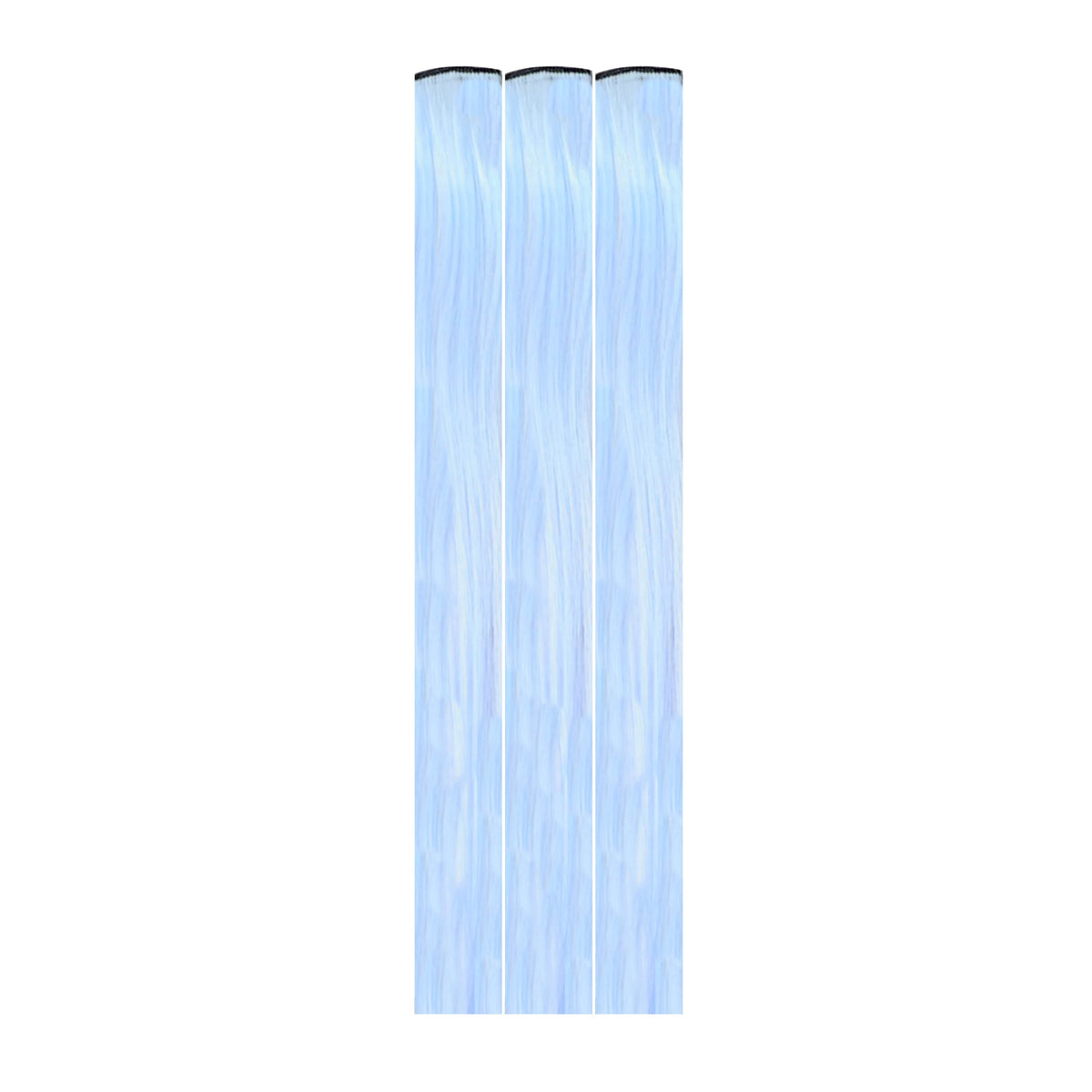 Pastel blue glow in the dark clip in hair extensions in full view with its signature color and shape