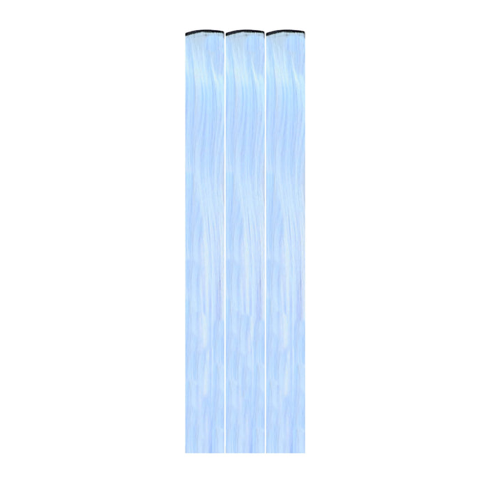 Pastel blue glow in the dark clip in hair extensions in full view with its signature color and shape