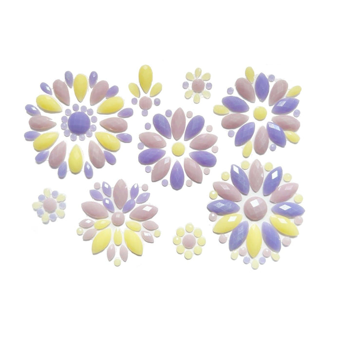 Multicolor crystal flower jewel body sticker, showing the color, finish and shape of the design
