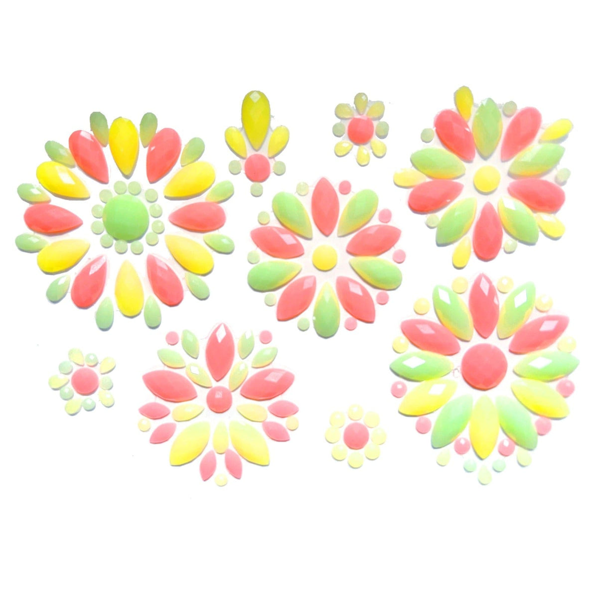 Neon crystal flower jewel body sticker, showing the color, finish and shape of the design