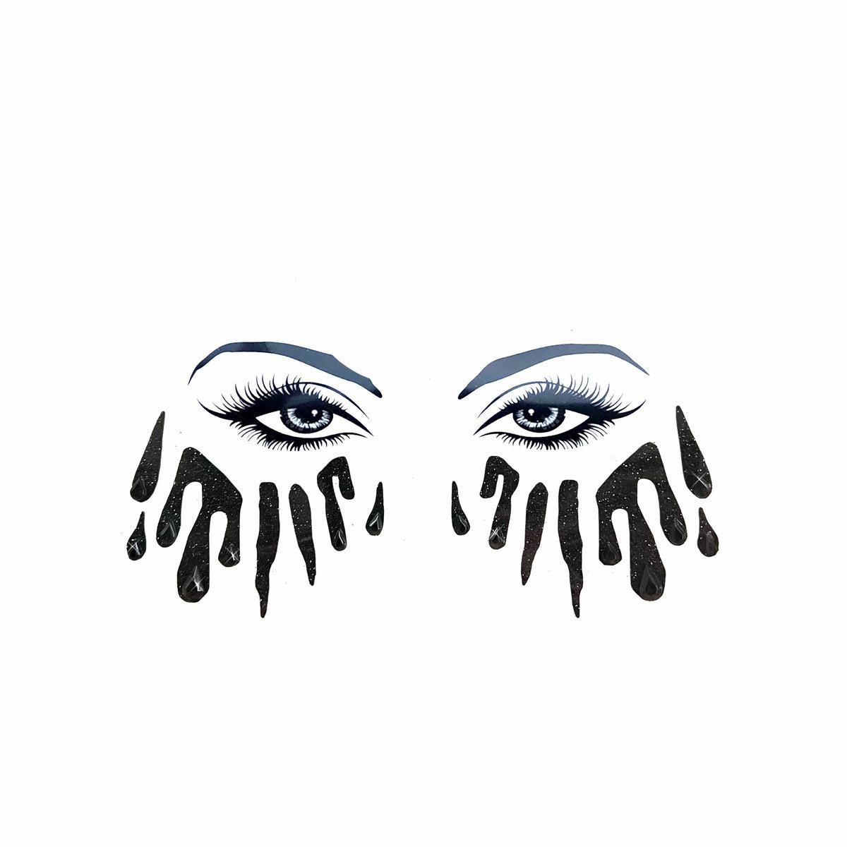 Black glitter blood tears face sticker, showing the color, finish and shape of the design
