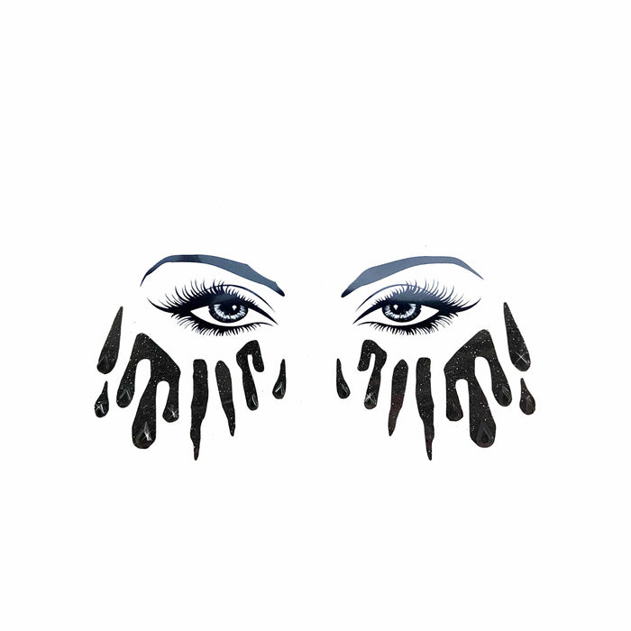 Black glitter blood tears face sticker, showing the color, finish and shape of the design