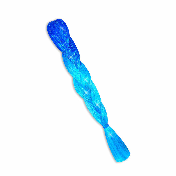 Blue two tone tinsel jumbo hair braid in full view with its signature color and shape