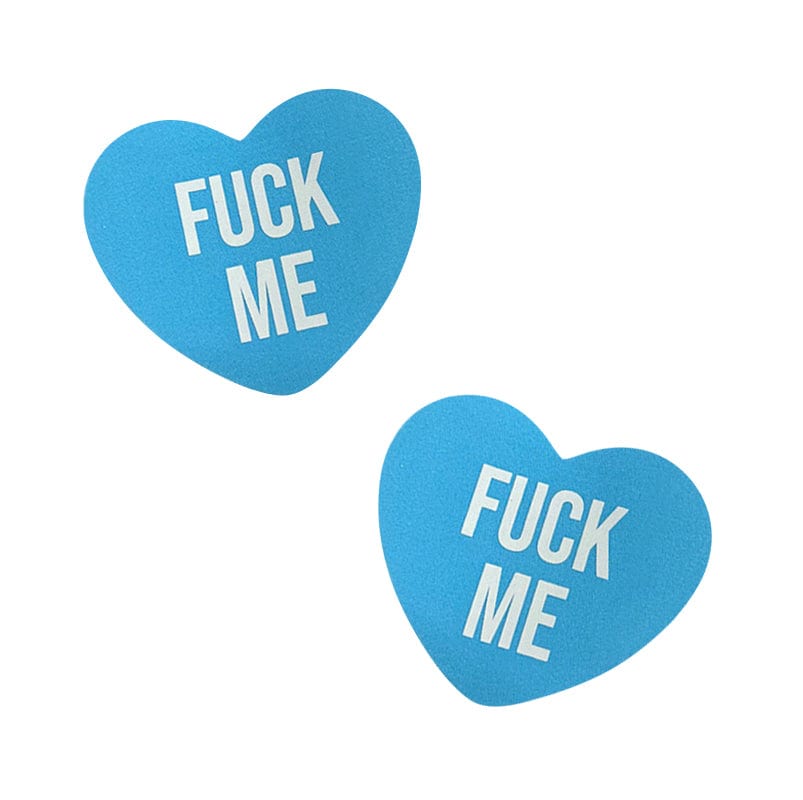 Light blue pastel candy heart nipple pasties with a naughty printed love message