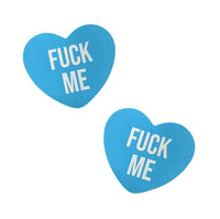 Light blue pastel candy heart nipple pasties with a naughty printed love message