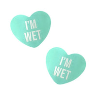 Light green pastel candy heart nipple pasties with a printed sweetheart message for Valentines
