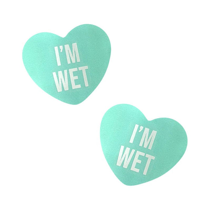 Light green pastel candy heart nipple pasties with a printed sweetheart message for Valentines