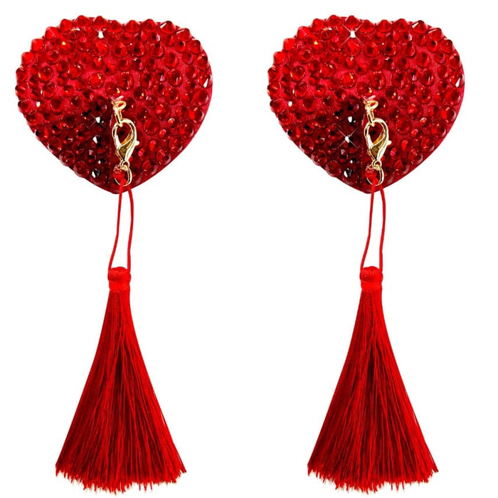 Red crystal heart silicone nipple pasties with dangling tassels for burlesque shows