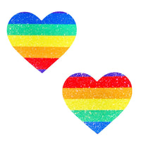 Rainbow Glitter Heart Nipple Pasties shown on their own with a sparkling glitter finish