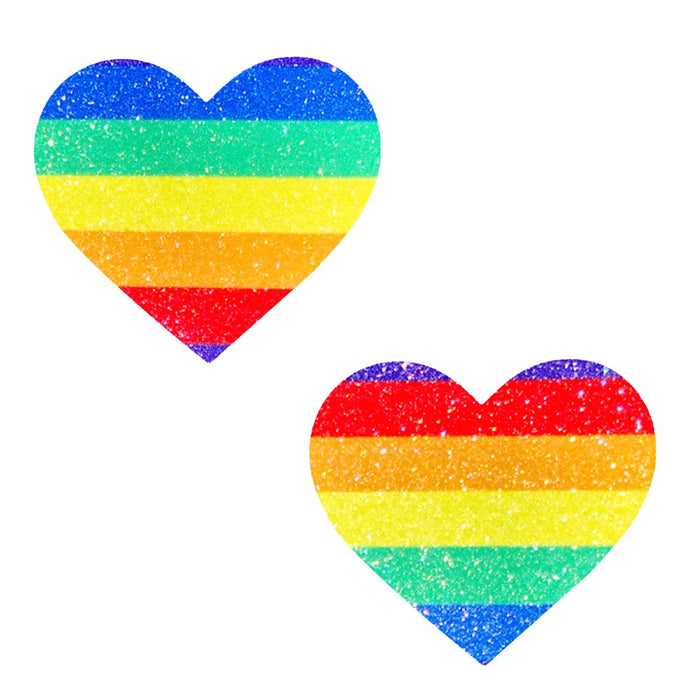 Rainbow Glitter Heart Nipple Pasties shown on their own with a sparkling glitter finish