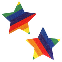 Rainbow glitter star nipple pasties with sparkling multicolor stripes for pride month