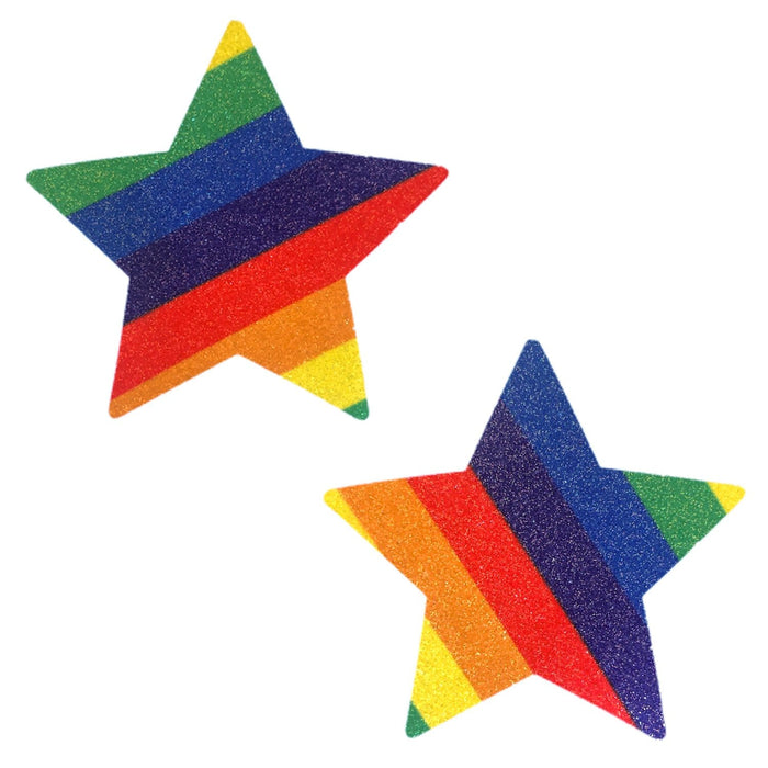 Rainbow glitter star nipple pasties with sparkling multicolor stripes for pride month