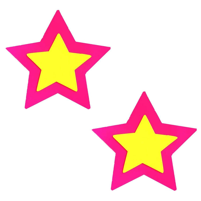 Double Starburst Neon Pink Power Blacklight Starry Nights Pasties, Blacklight Nipple Pasties - NevaNude