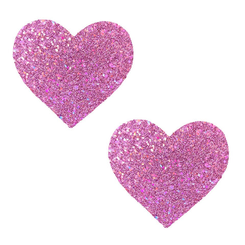 Pink Iridescent Glitter Heart Nipple Pasties, Neva Nude