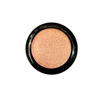 Bronze gold glitter pressed pigment eyeshadow shown alone, with a warm peach shimmer