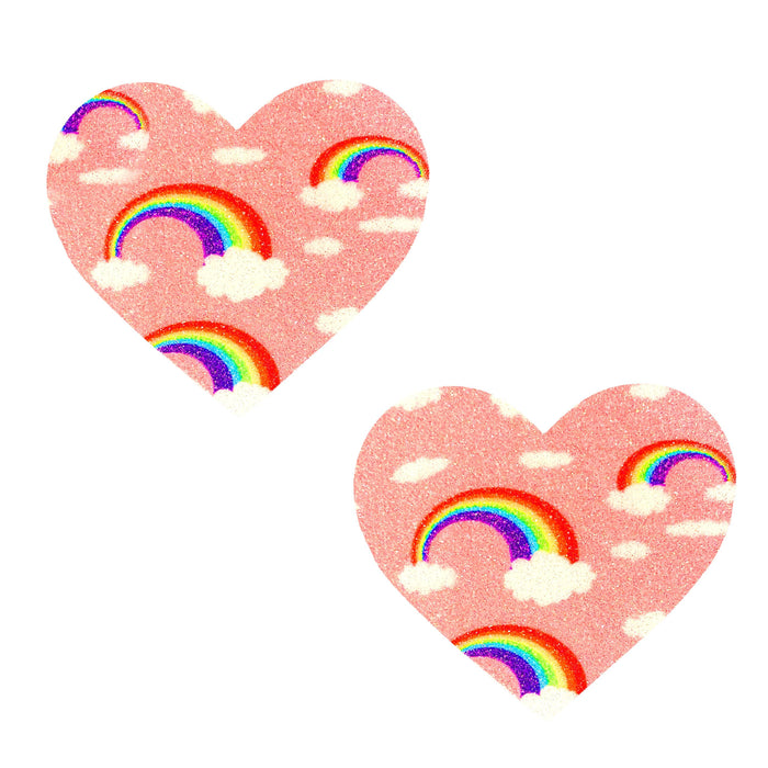 Pink glitter rainbow and cloud heart nipple pasties shown on a clean background