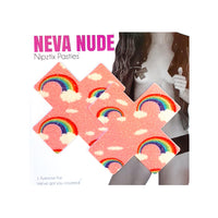 Front view of pink glitter rainbow and cloud X nipple pasties with the full design visible