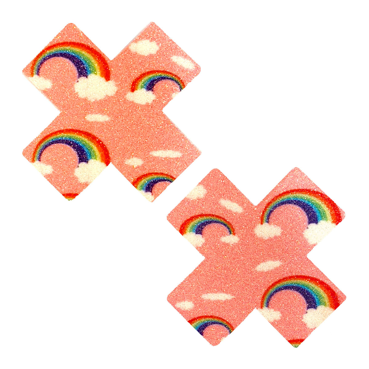 Pink glitter rainbow and cloud X nipple pasties shown on a clean background