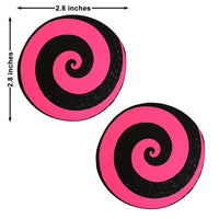 Front view of neon pink starburst spiral blacklight nipple pasties with the full design visible