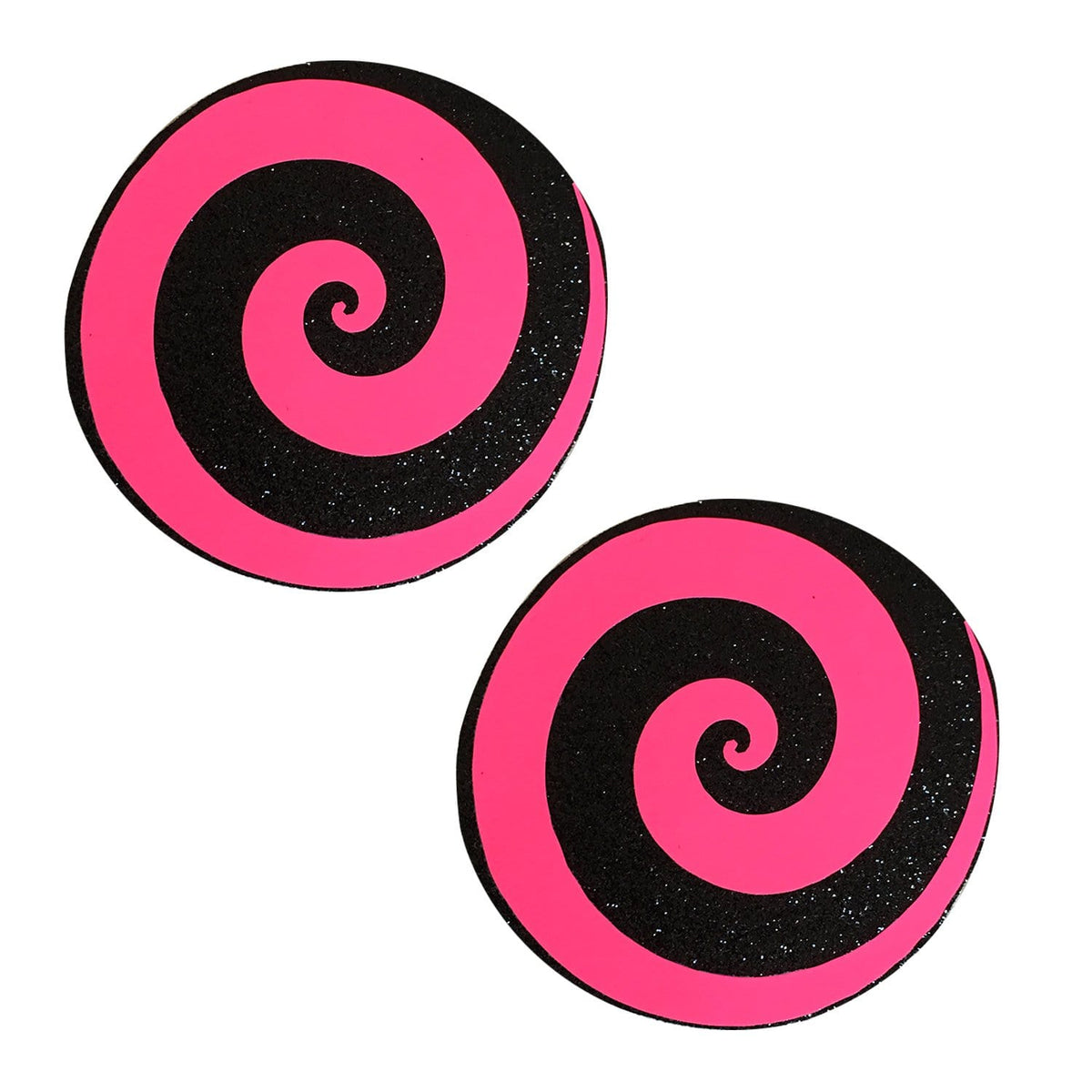 Neon pink starburst spiral blacklight nipple pasties shown on a clean background