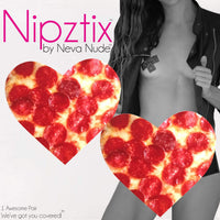 Product view of pepperoni pizza heart nipple pasties highlighting the colorful printed design