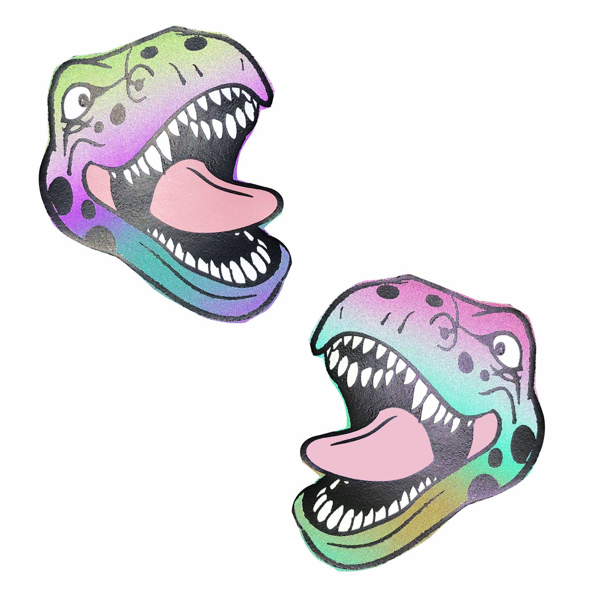 A pair of pasties designed to resemble a colorful dinosaur, with reflective properties.