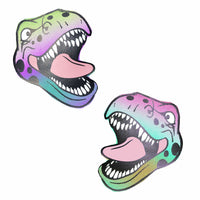 A pair of pasties designed to resemble a colorful dinosaur, with reflective properties.