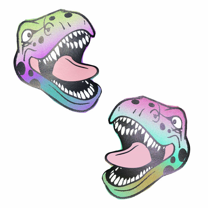 A pair of pasties designed to resemble a colorful dinosaur, with reflective properties.