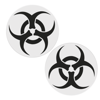 Black glitter biohazard nipple pasties shown alone, with an edgy toxic warning look