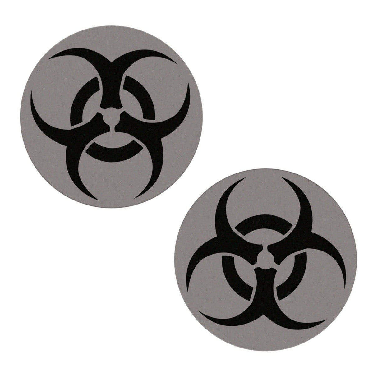 Black glitter biohazard nipple pasties with a reflective grey hazard symbol