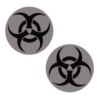 Black glitter biohazard nipple pasties with a reflective grey hazard symbol