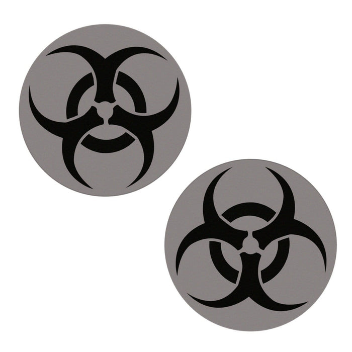 Black glitter biohazard nipple pasties with a reflective grey hazard symbol