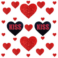 Red and black glitter heart sticker crop top shown on a clean background