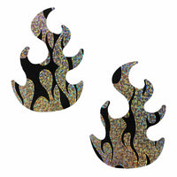 Black and silver holographic flame nipple pasties shown on a clean background
