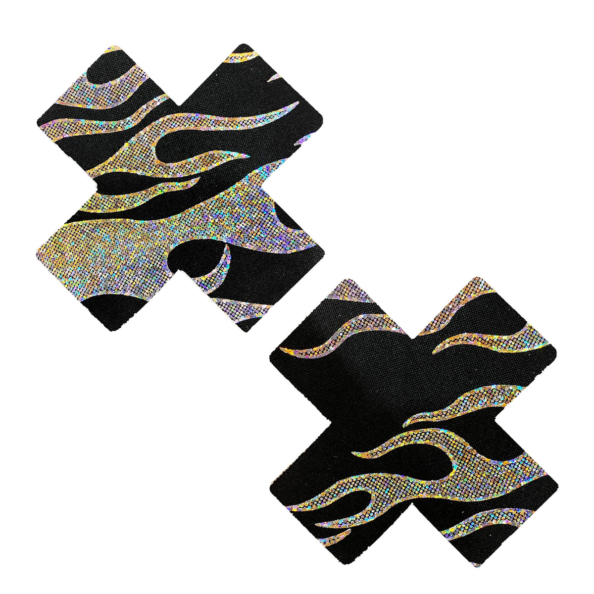 Black and silver holographic flame X nipple pasties shown on a clean background