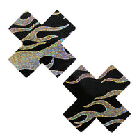 Black and silver holographic flame X nipple pasties shown on a clean background