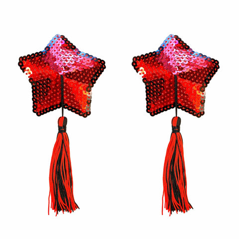 Star Spangled Red Sequin Tassel Star Reusable Silicone Nipple Cover Pasties